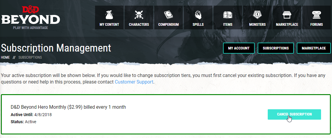 Cancel Your Subscription D D Beyond